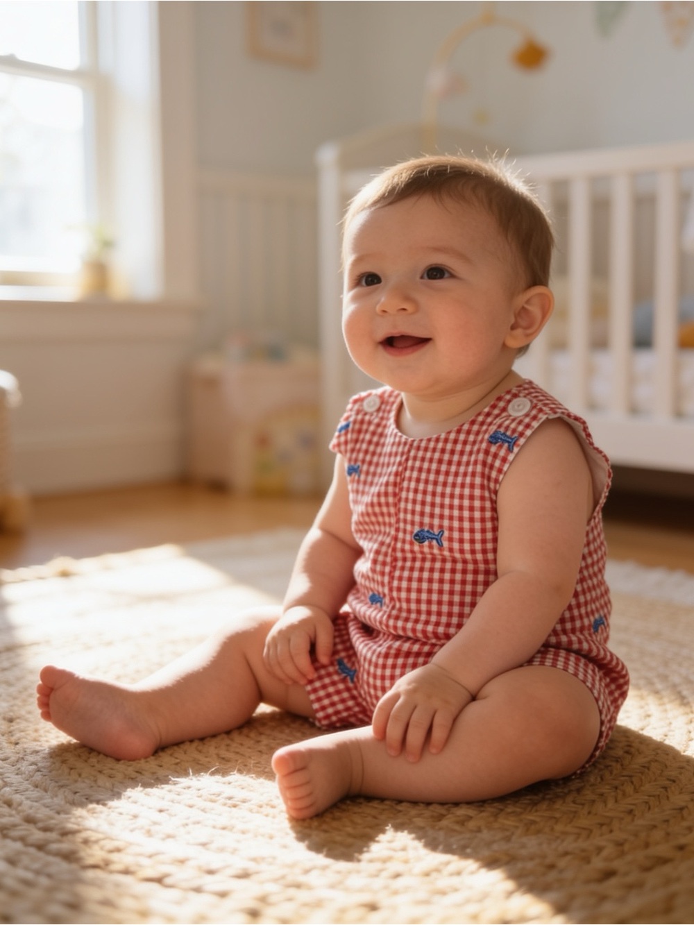 Kelly's Kids 2T Red Gingham Romper with Blue Fish Embroidery